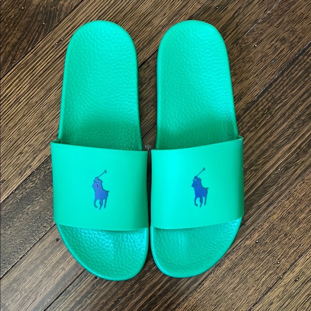 Ralph Lauren Green Slides with Blue Logo